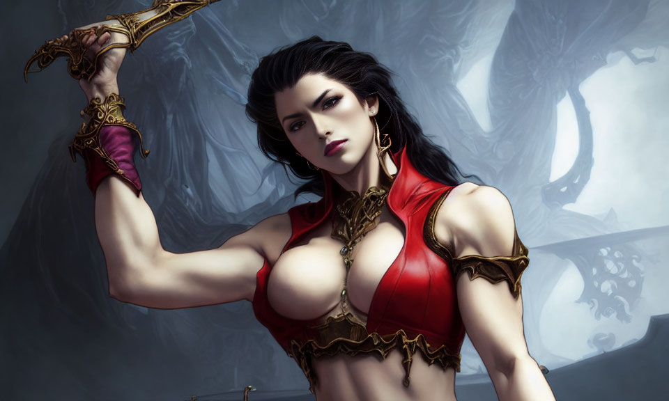 Muscular animated woman in red and gold outfit wields sword with dragon.