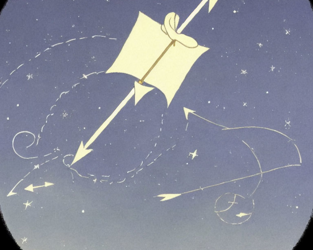 Illustration of paper airplane in starry sky with looping trails