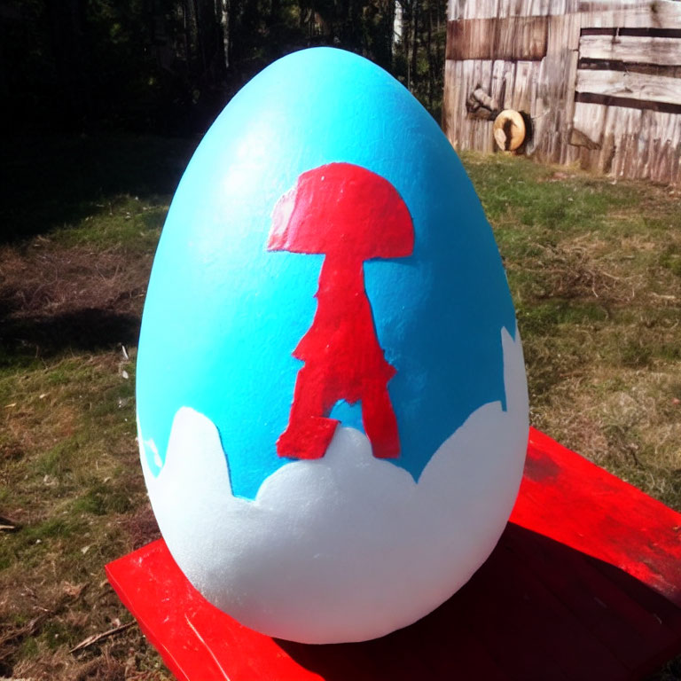 Blue Egg with Red Mushroom Silhouette on Red Platform