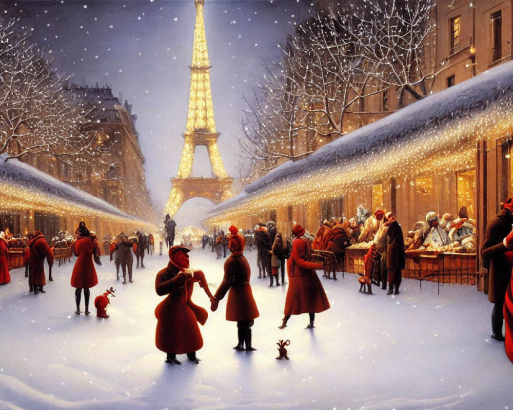 Snowy Street Scene Near Eiffel Tower with Festive Holiday Atmosphere