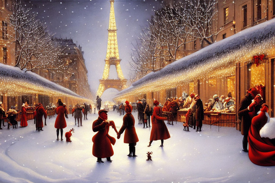 Snowy Street Scene Near Eiffel Tower with Festive Holiday Atmosphere