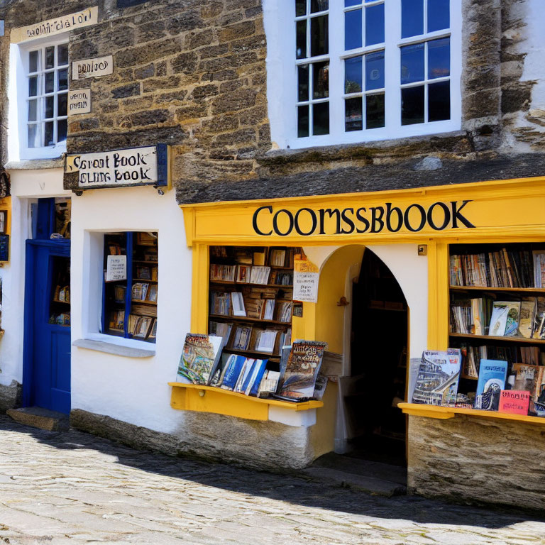 Charming bookstore with yellow facade and blue doors on cobblestone street