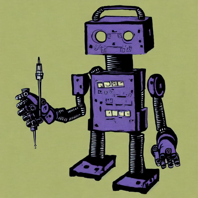 Retro-style robot holding needle tool on green background