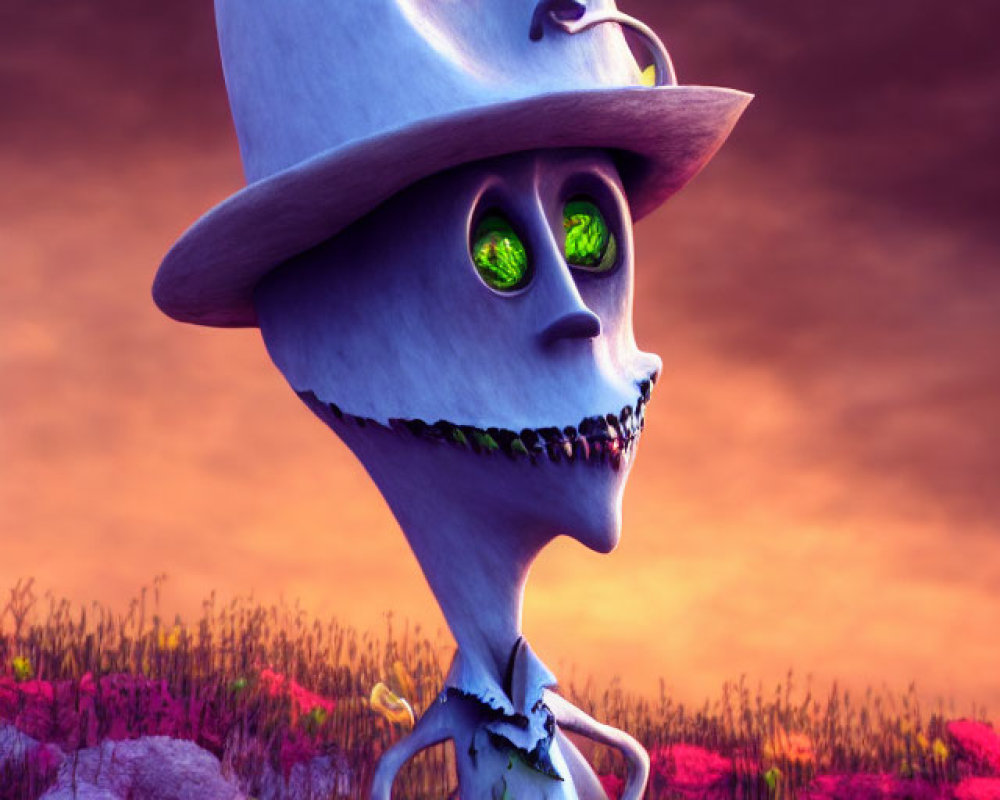 Skeletal character with hat among purple flowers at twilight