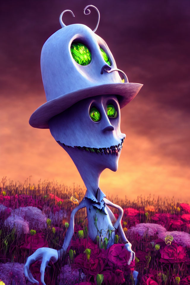 Skeletal character with hat among purple flowers at twilight