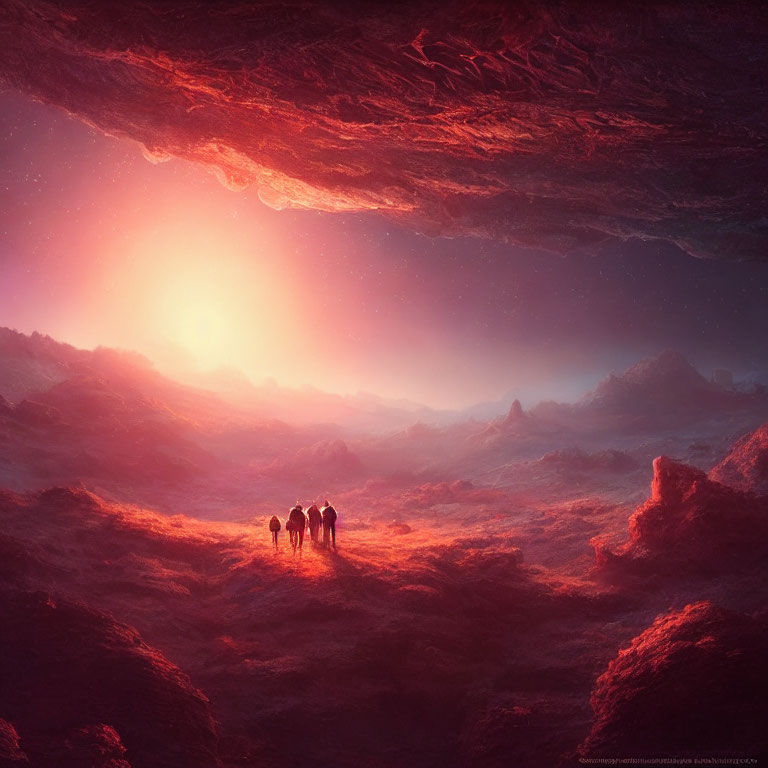 Figures in red-hued alien landscape under glowing sky