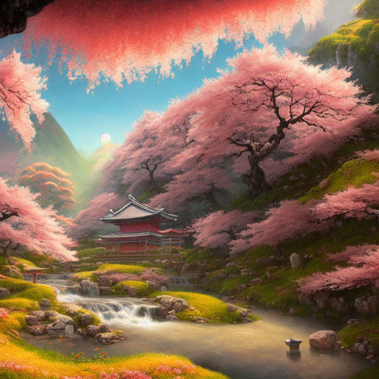 Tranquil Cherry Blossom Landscape with Stream and Red Architecture