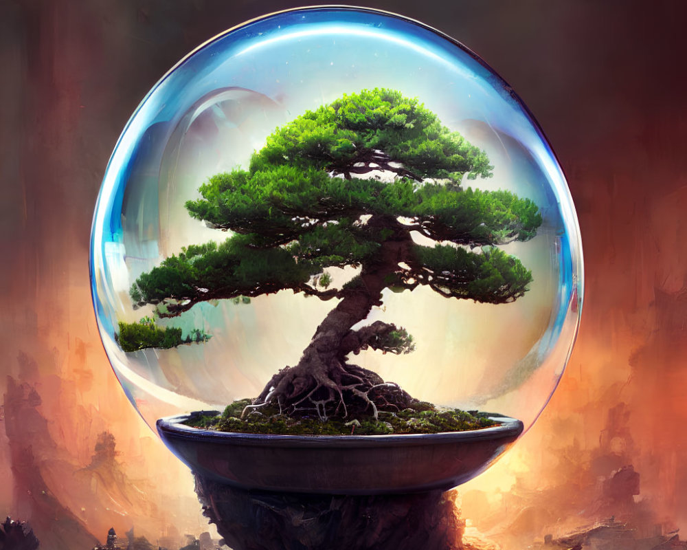 Bonsai tree in transparent bubble on rocky pedestal