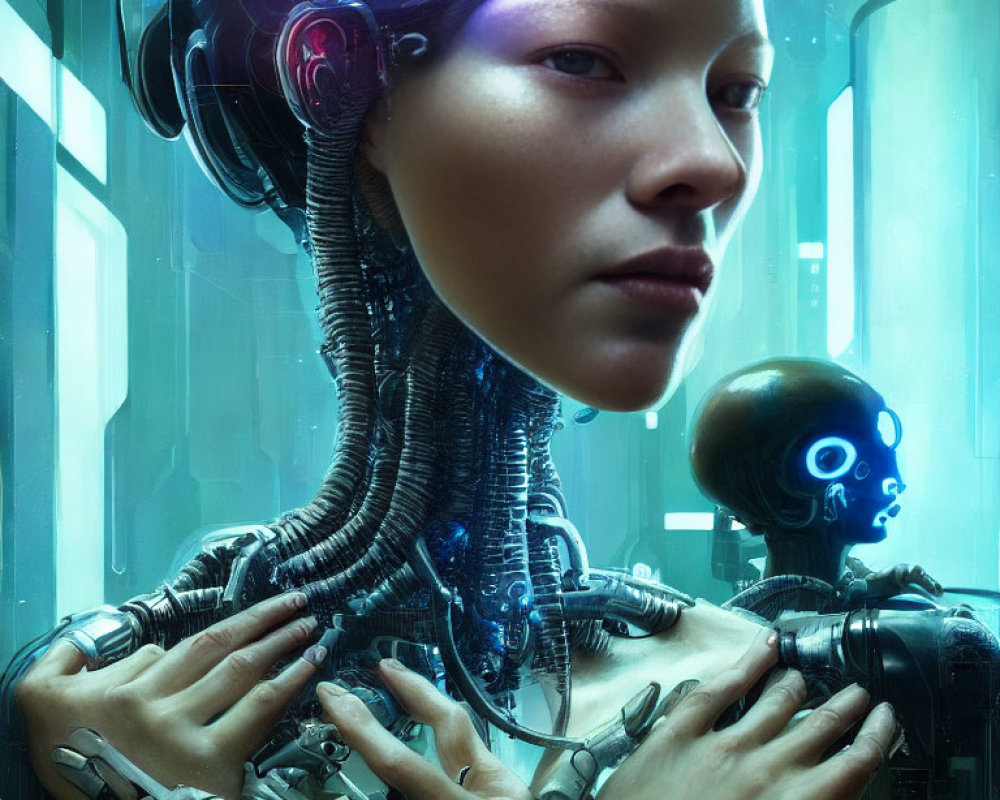 Cybernetic woman with headset in futuristic sci-fi setting