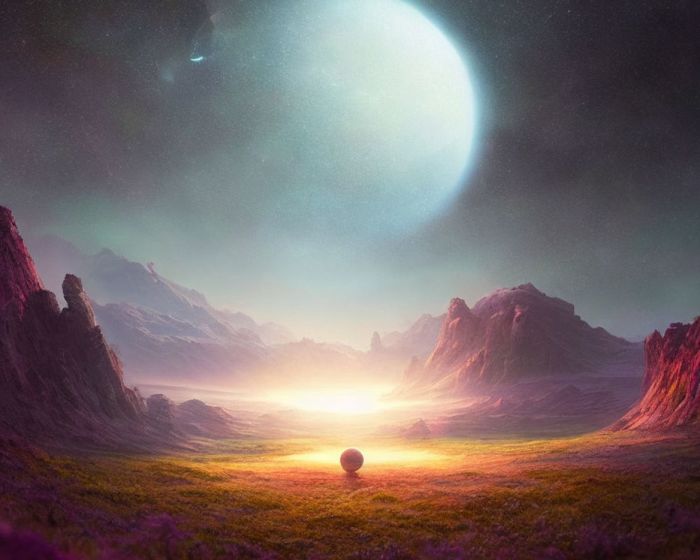 Vibrant purple flora, imposing mountains, large moon, glowing sun landscape