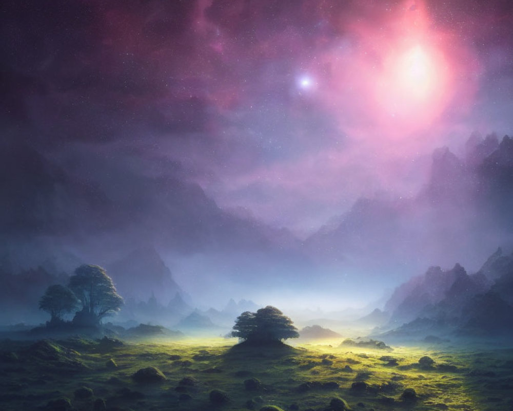 Vibrant nebulae light up twilight landscape