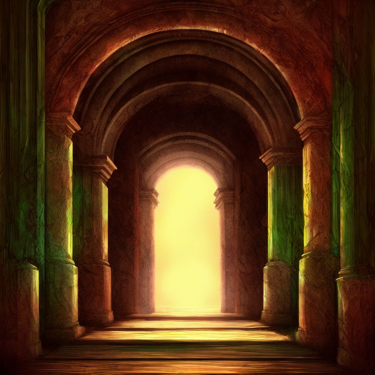 Artistically Lit Corridor with Arches and Green Draped Curtains