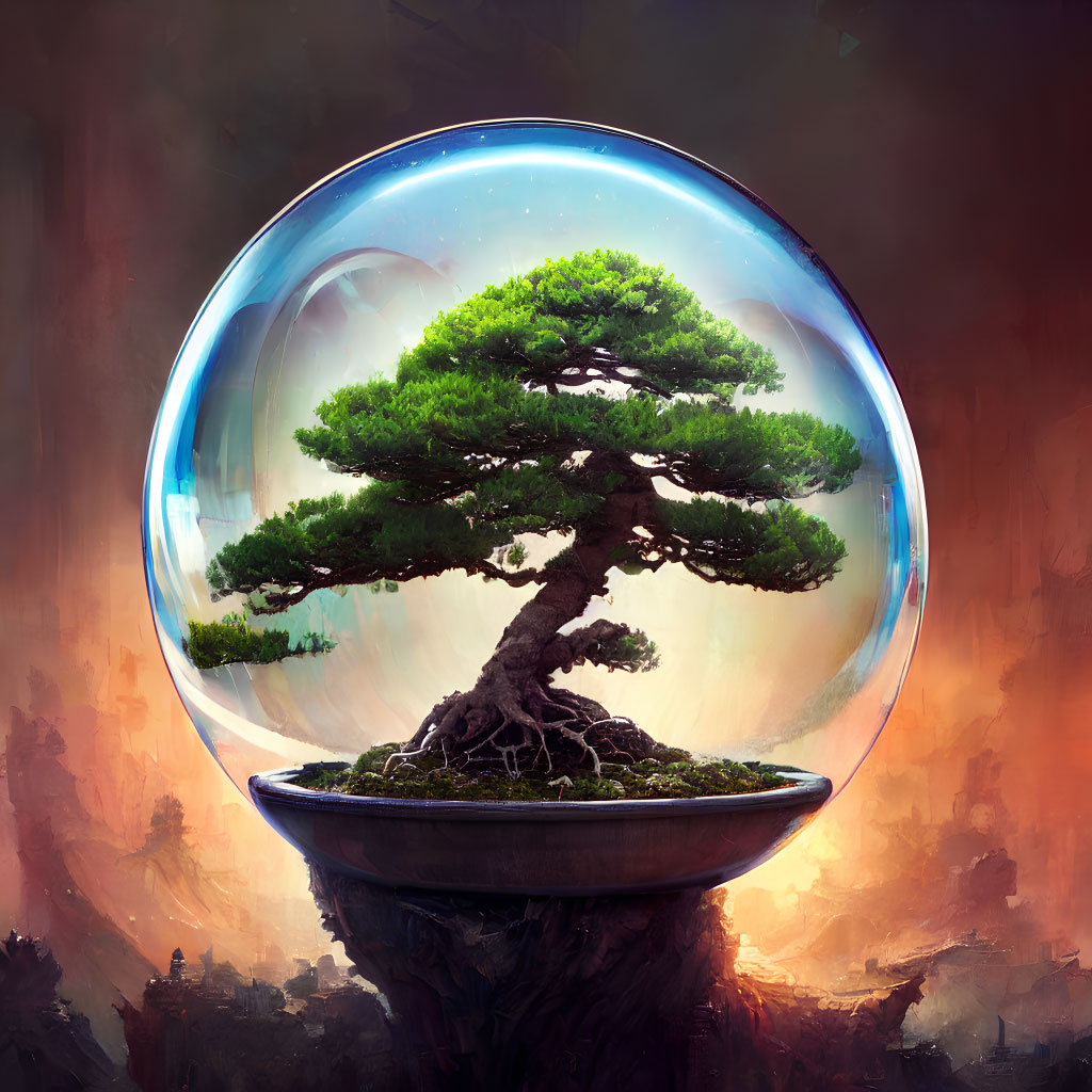 Bonsai tree in transparent bubble on rocky pedestal