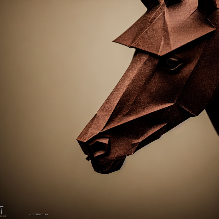 Intricate Origami Horse Head Profile on Soft Brown Background