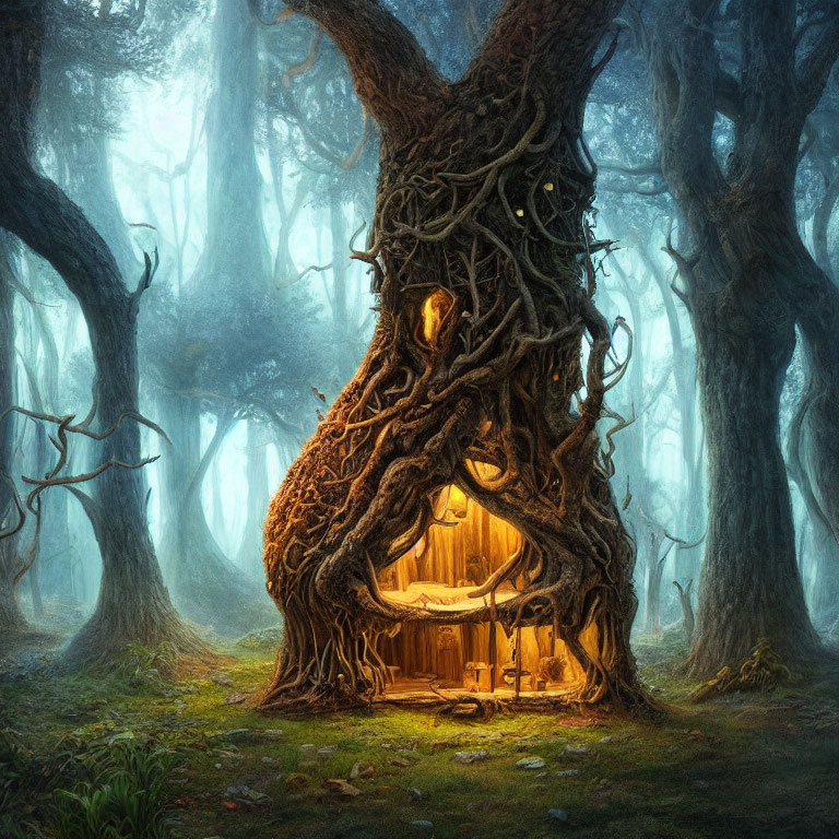 Enchanting forest scene: cozy house in tree with magical light