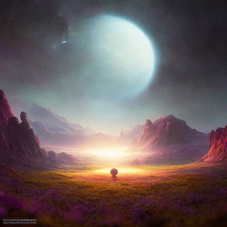 Vibrant purple flora, imposing mountains, large moon, glowing sun landscape