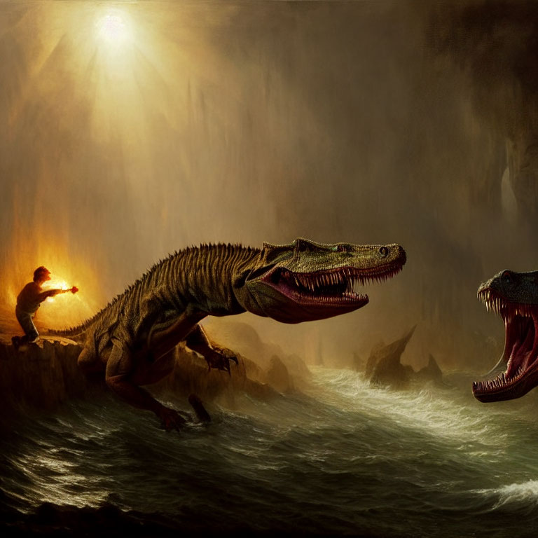 Human with torch faces roaring dinosaur in stormy seascape