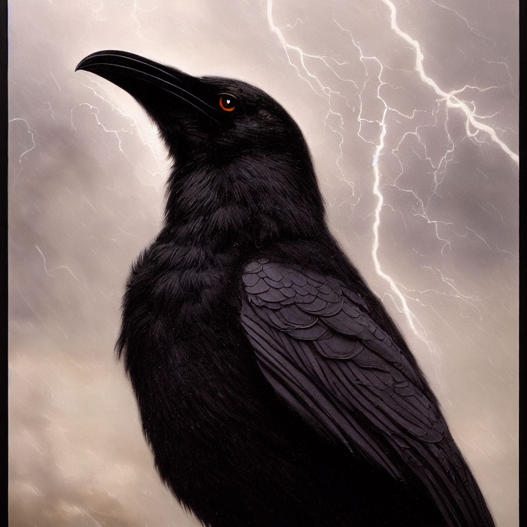 Black Raven Against Dramatic Stormy Sky with Lightning Bolts