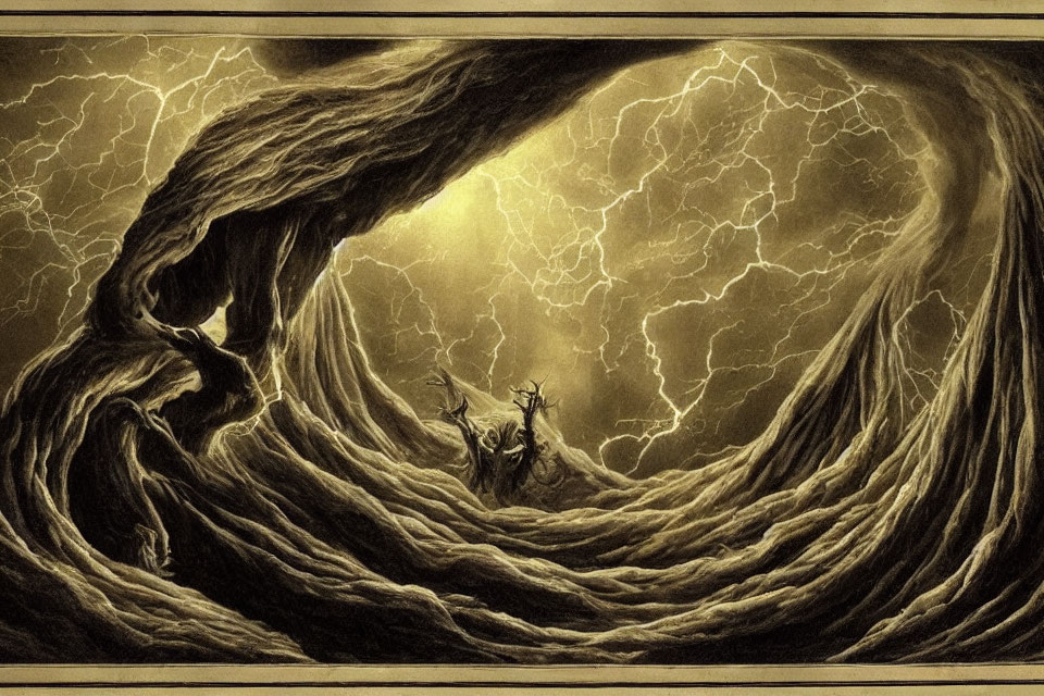 Fantasy landscape with swirling trunk-like structures and small figure under stormy sky.