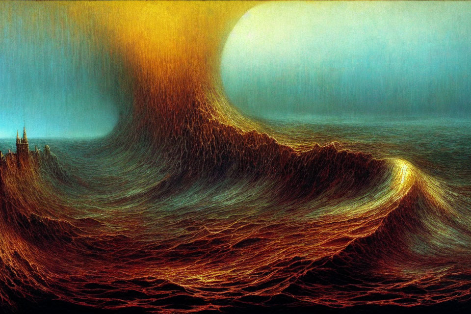 Surreal landscape with wave-like formation and cathedral under luminous sky