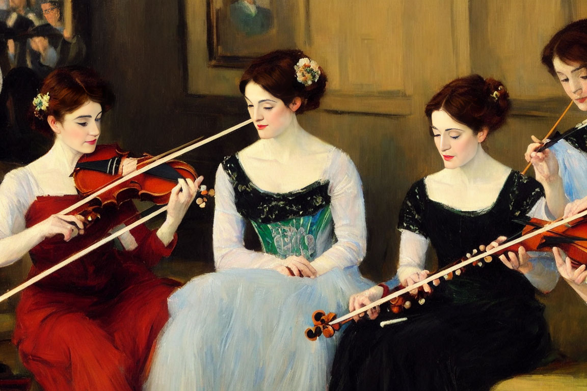 Vintage-dressed women playing string instruments elegantly.