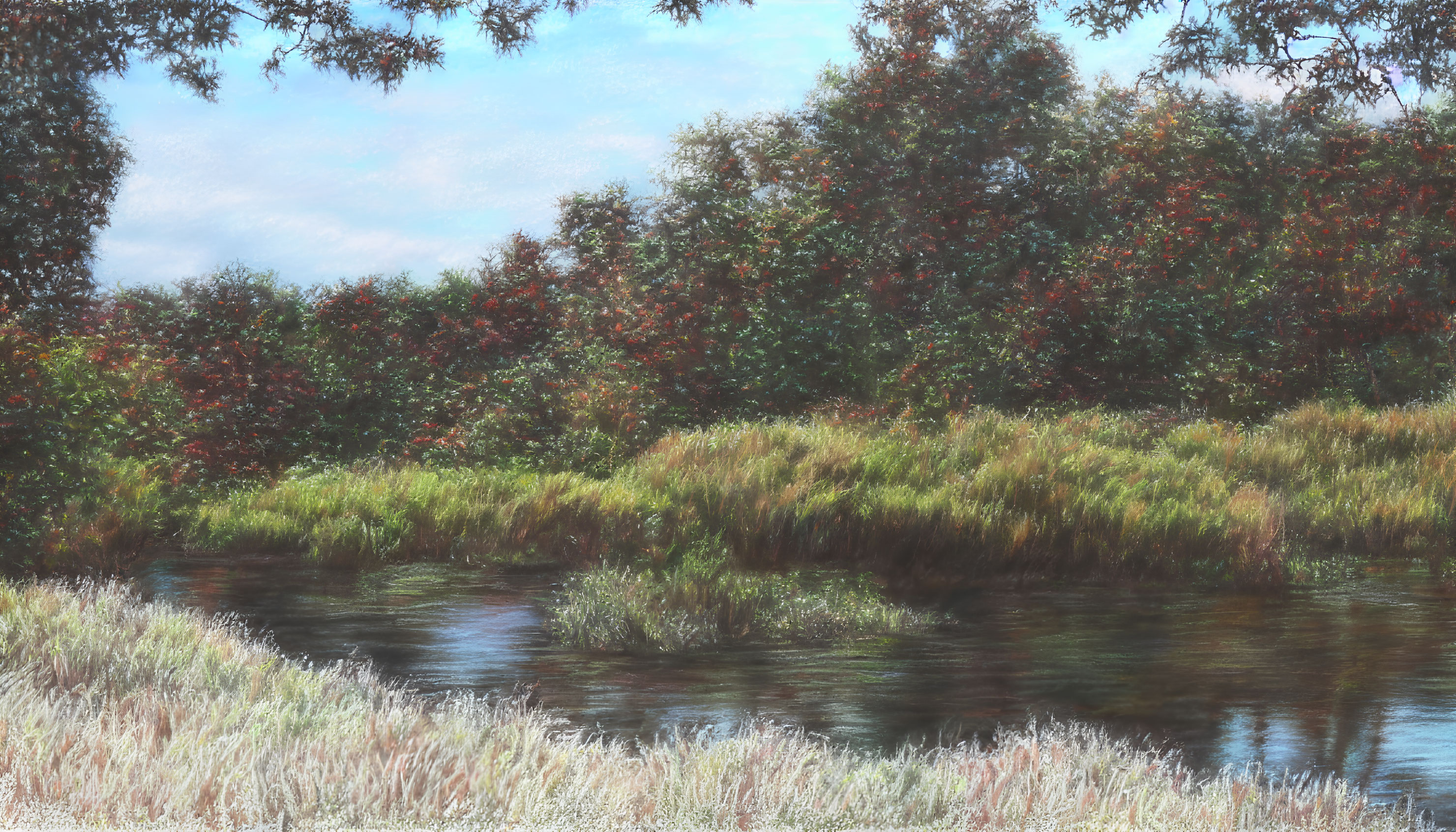 Tranquil riverside scene with lush greenery and autumnal trees.