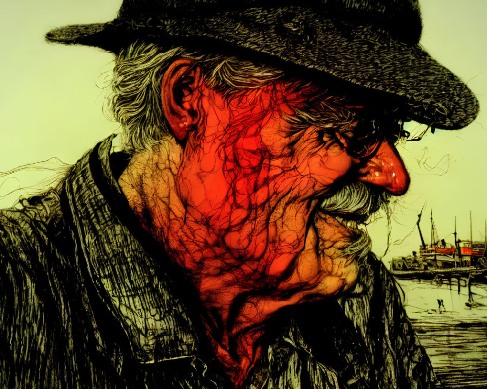 Illustration of elderly man with weathered face and hat, set against boat background