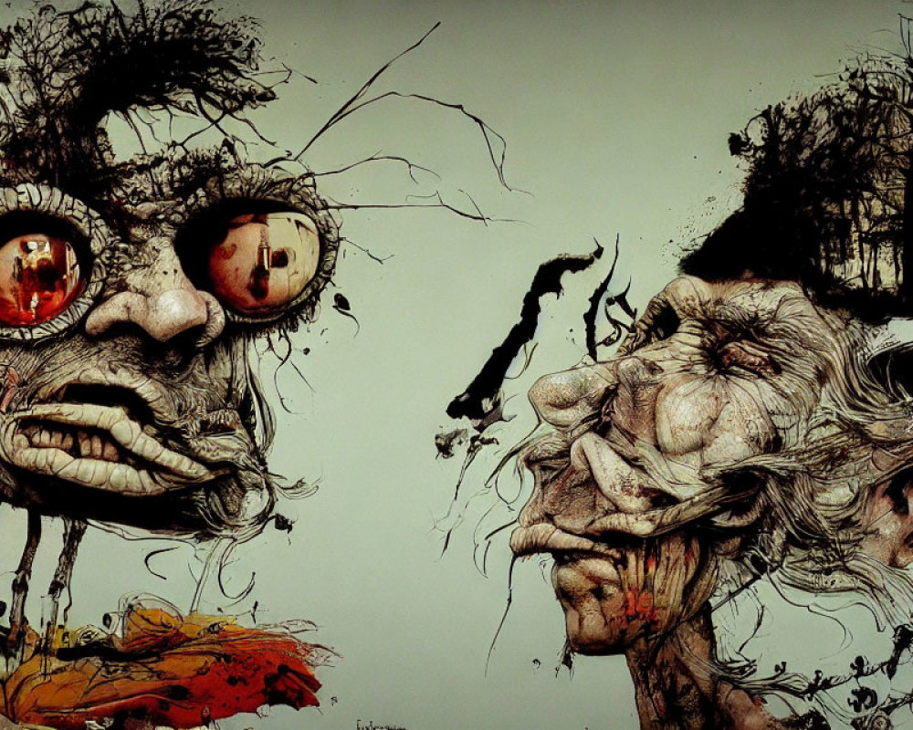 Grotesque caricature faces in surreal art style with exaggerated features.