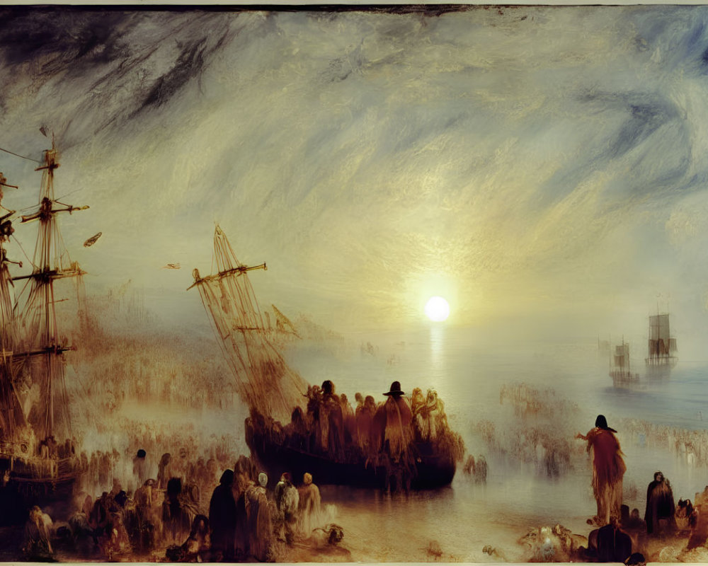 Seascape with sailing ships and people under dramatic sky