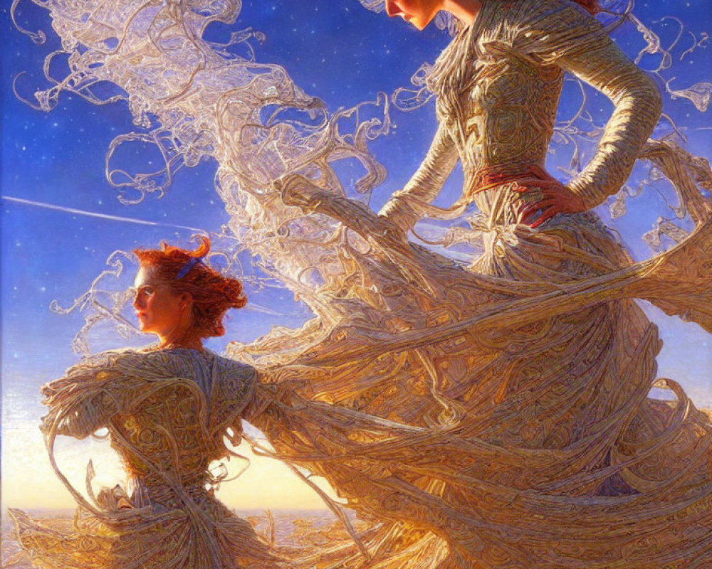 Ethereal women in intricate gowns under glowing sunset sky