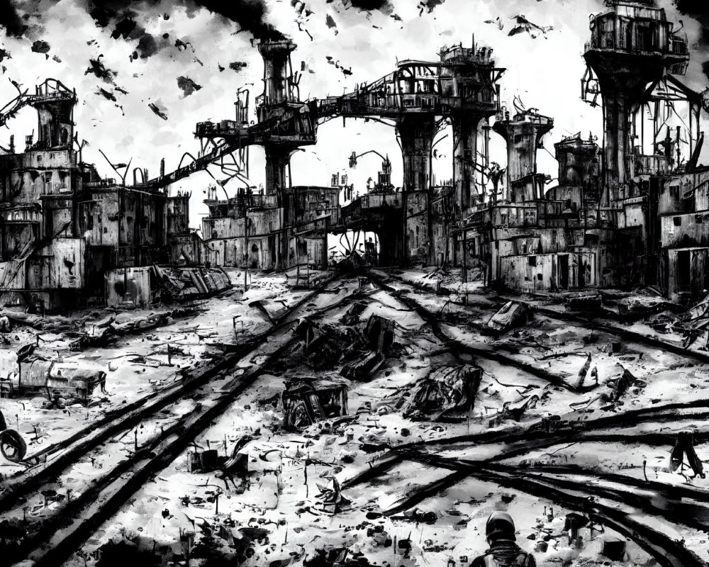 Dystopian landscape with industrial ruins and solitary figure