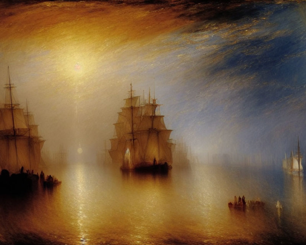 Misty waters with old sailing ships in warm light