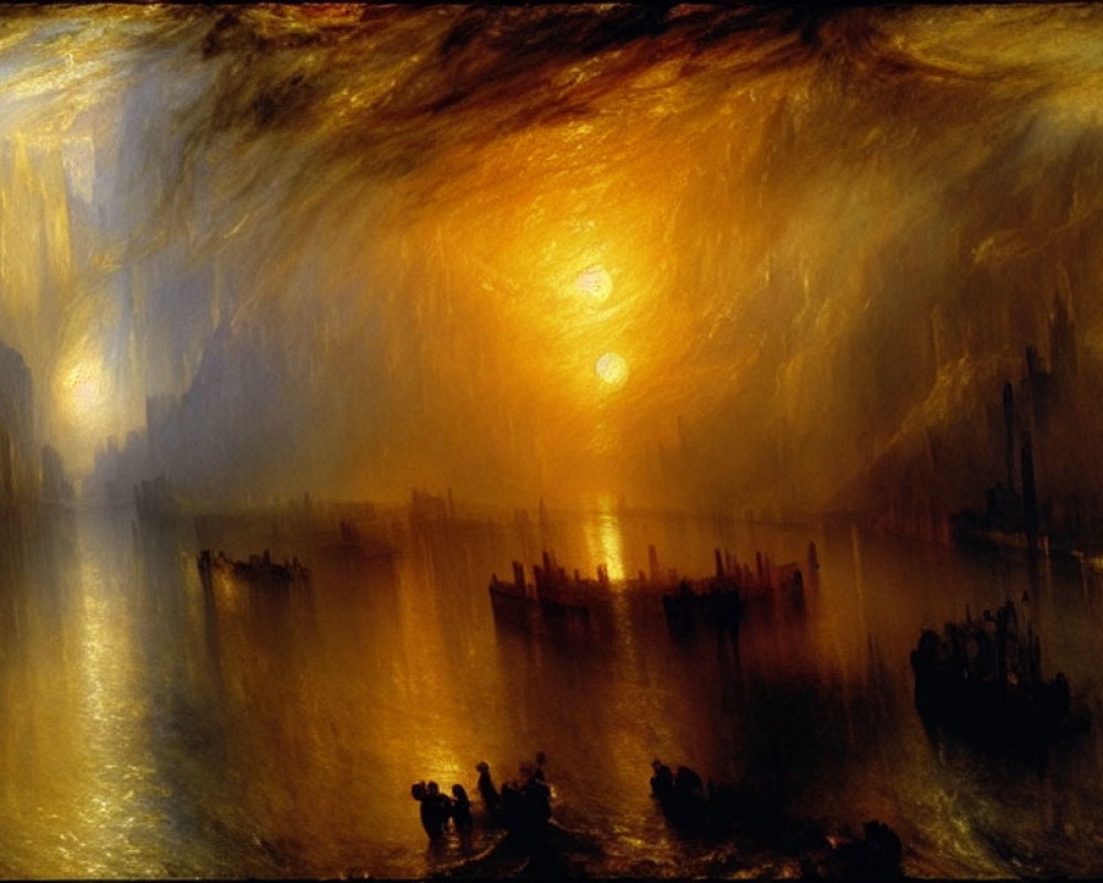 Scenic painting of sunset over river with silhouetted figures and boats