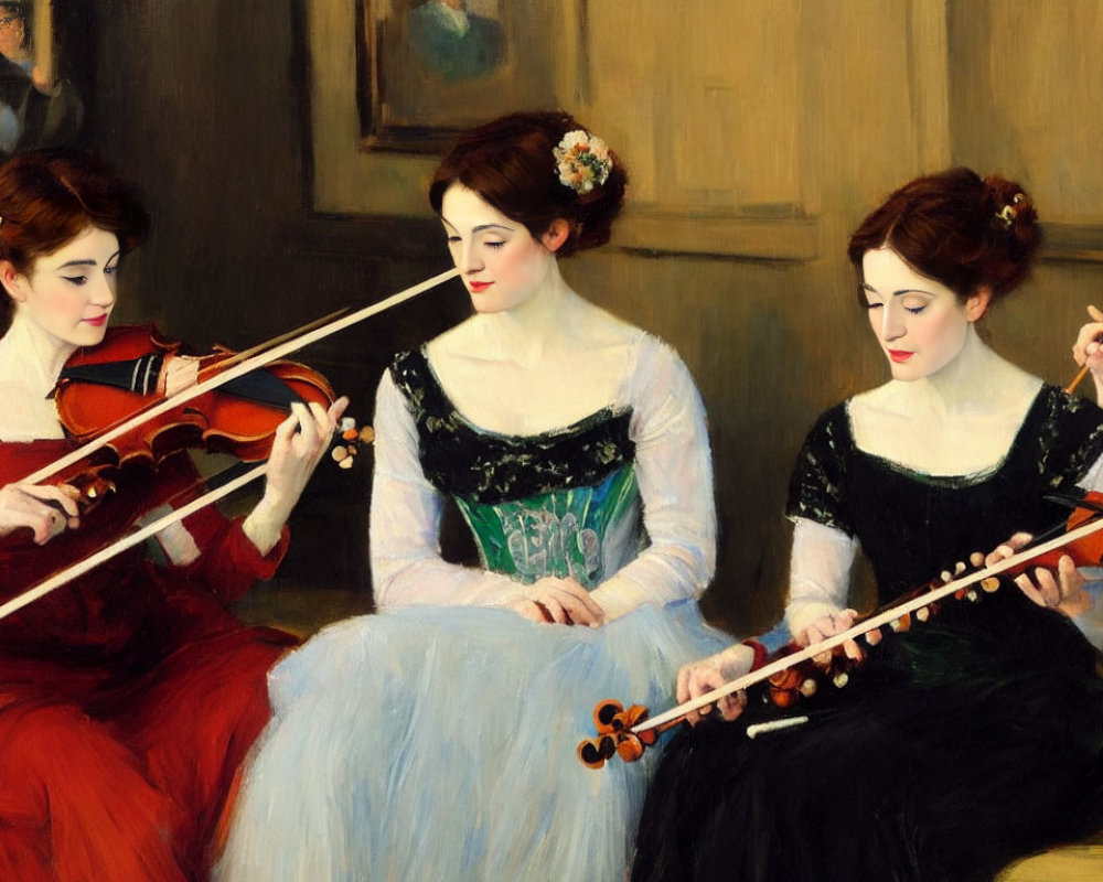 Vintage-dressed women playing string instruments elegantly.