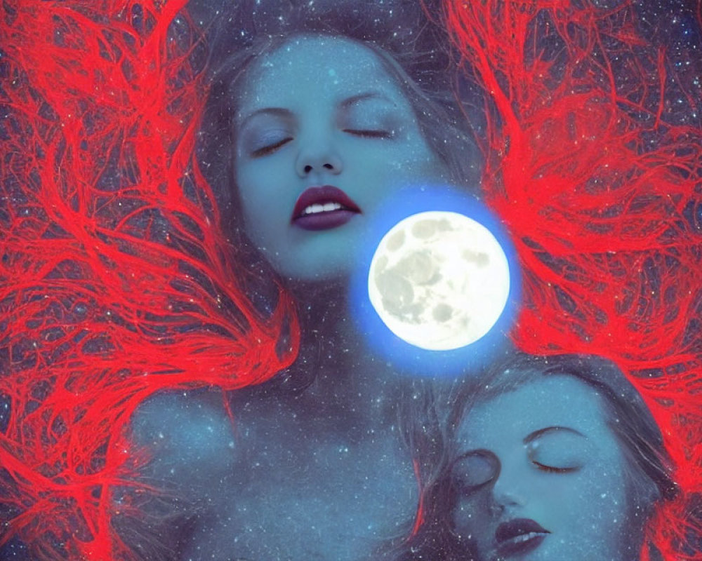 Vibrant red-haired women merge in cosmic digital art.