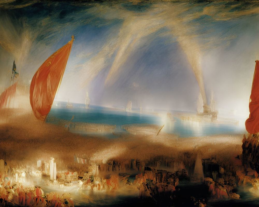 Surreal seascape with dramatic lighting, ghostly ship, flags, figures, ruins, and