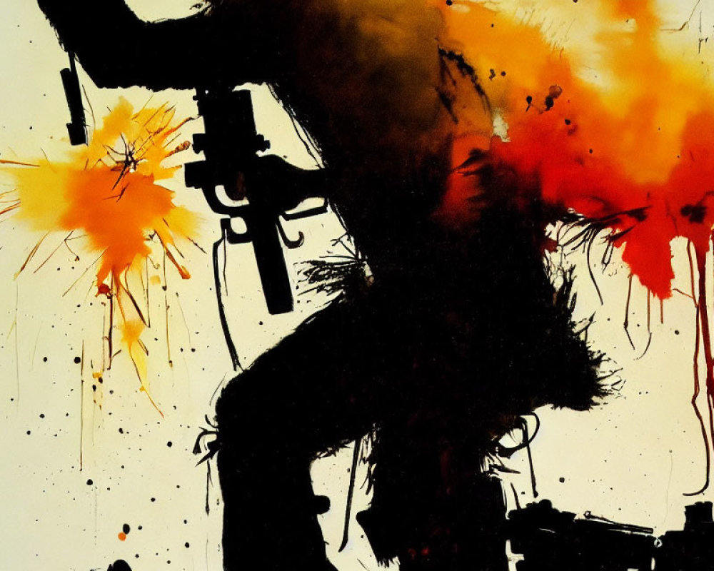 Abstract splatter art with black silhouette and vibrant orange and red bursts on white background