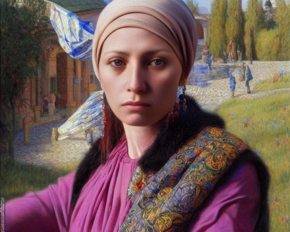 Traditional Attire Woman in Headscarf Against Village Backdrop