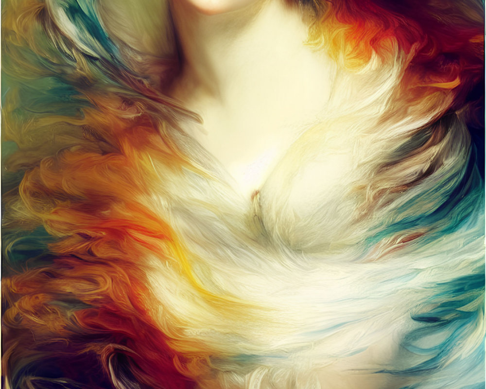 Vibrant portrait of a woman with flowing hair and swirling colors