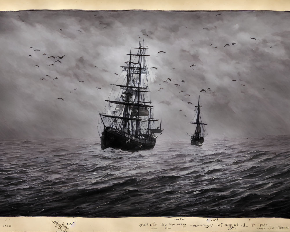 Vintage-style Illustration of Two Old Sailing Ships at Sea with Ominous Clouds