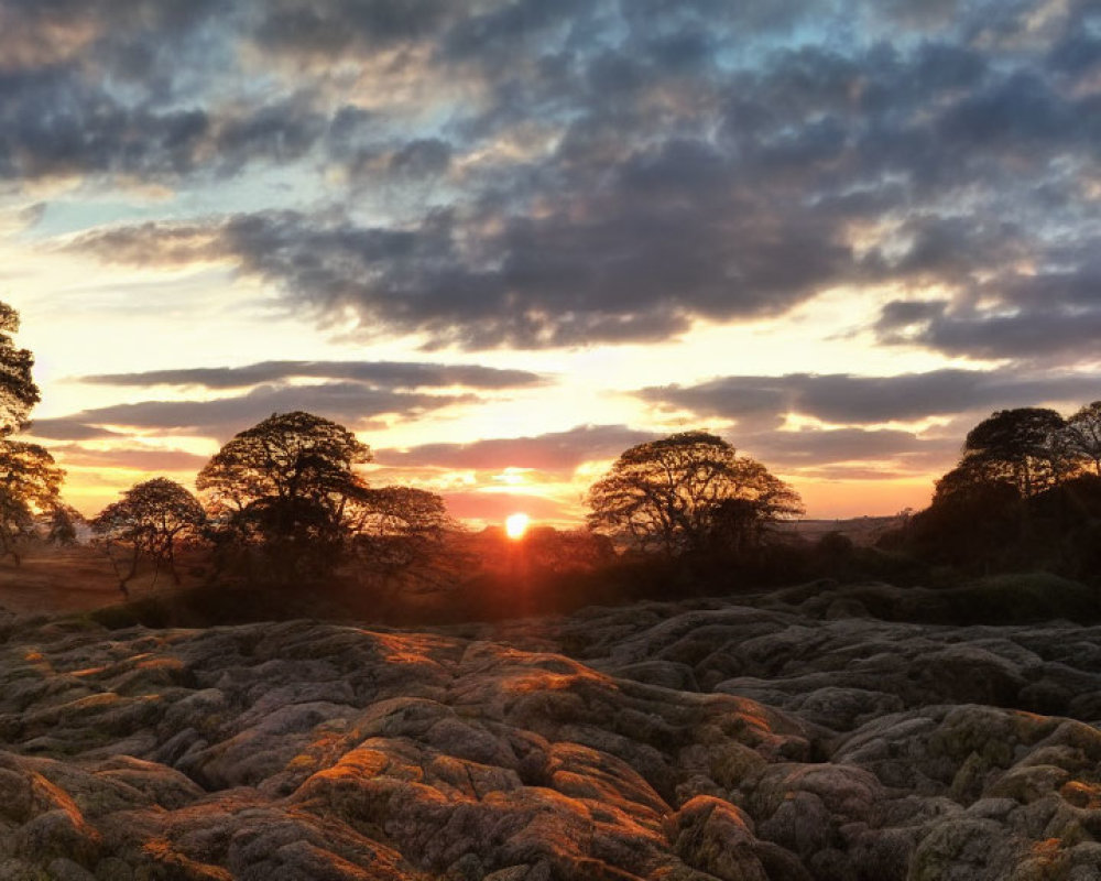 Colorful sunset over moss-covered rocks and silhouetted trees