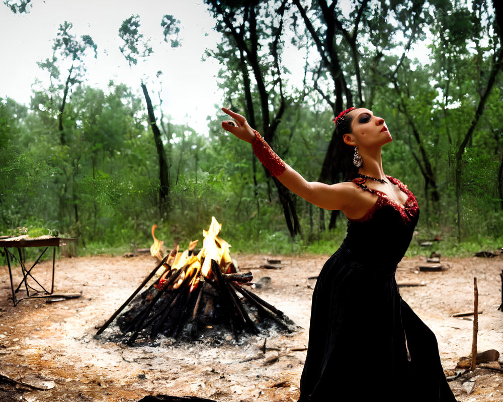 Woman in Black Dress by Campfire Reaching for Raindrops