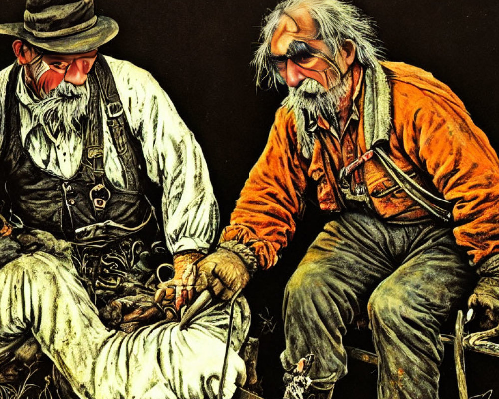 Elderly men in vintage clothing conversing with pipe and bandages