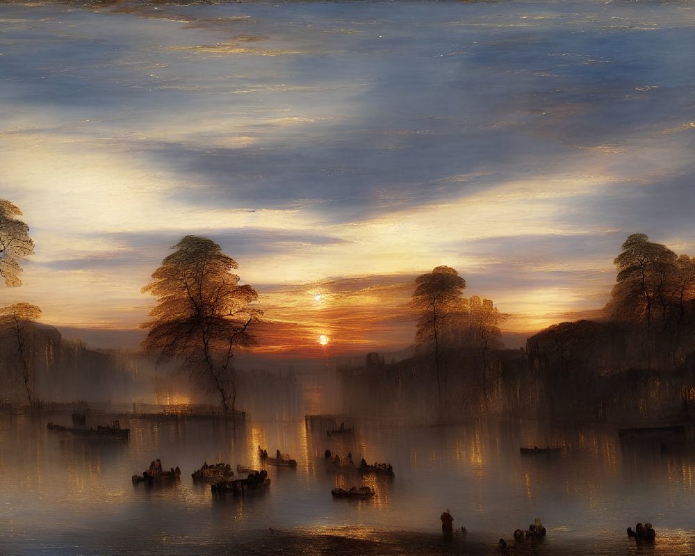 Tranquil river with boats and silhouetted trees at sunset