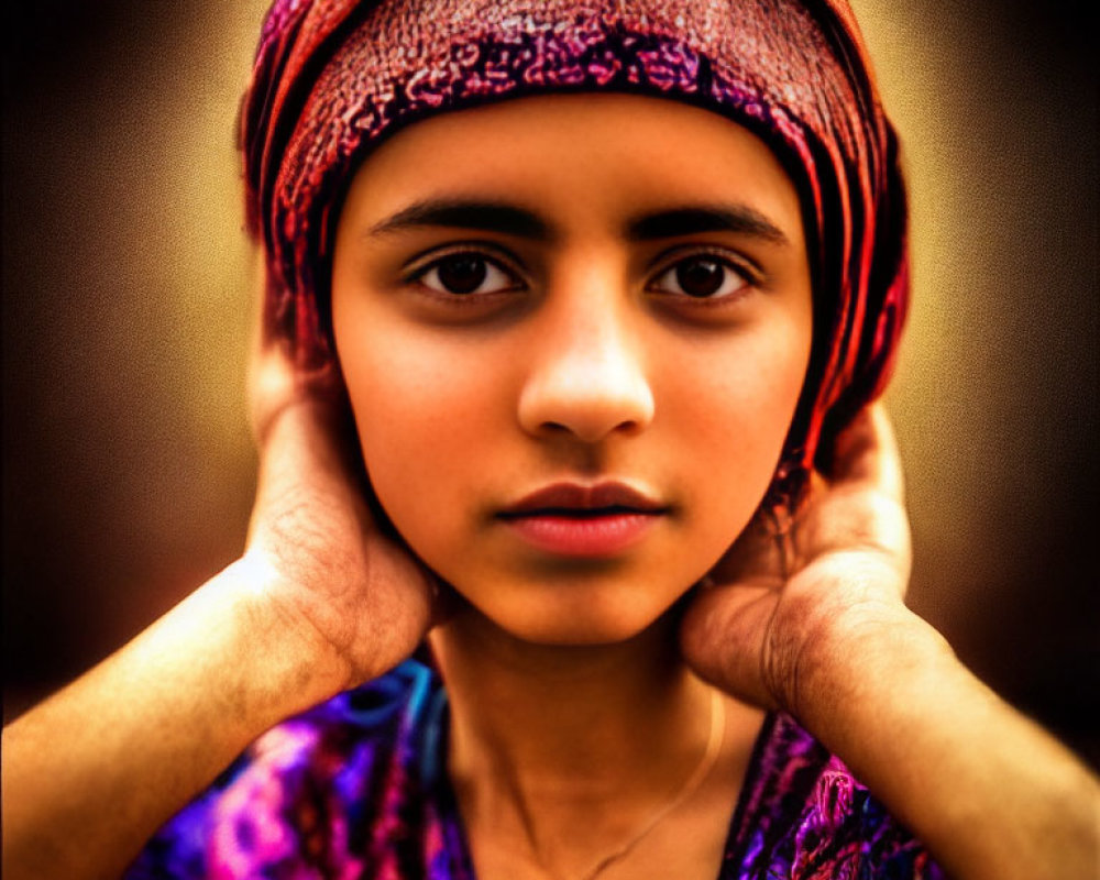 Portrait of young person in purple headscarf with dark hair.