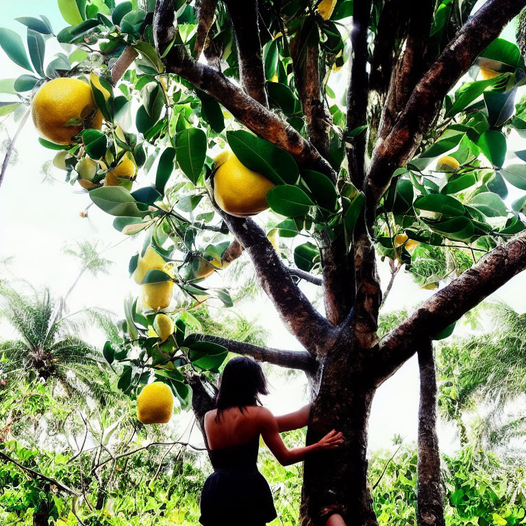 Person under lush lemon tree reaching for vibrant yellow fruit