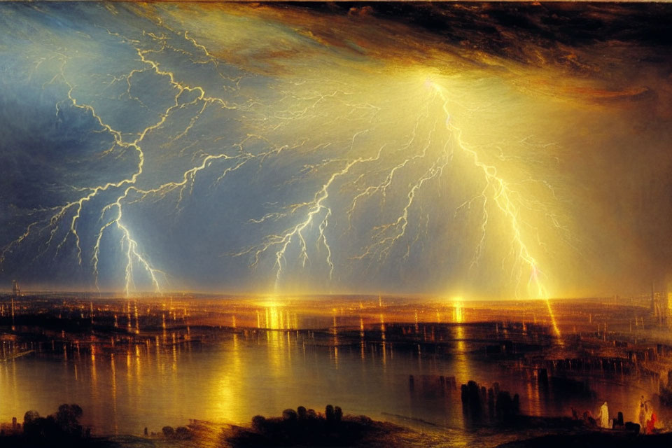 Thunderstorm painting over night cityscape with lightning bolts.