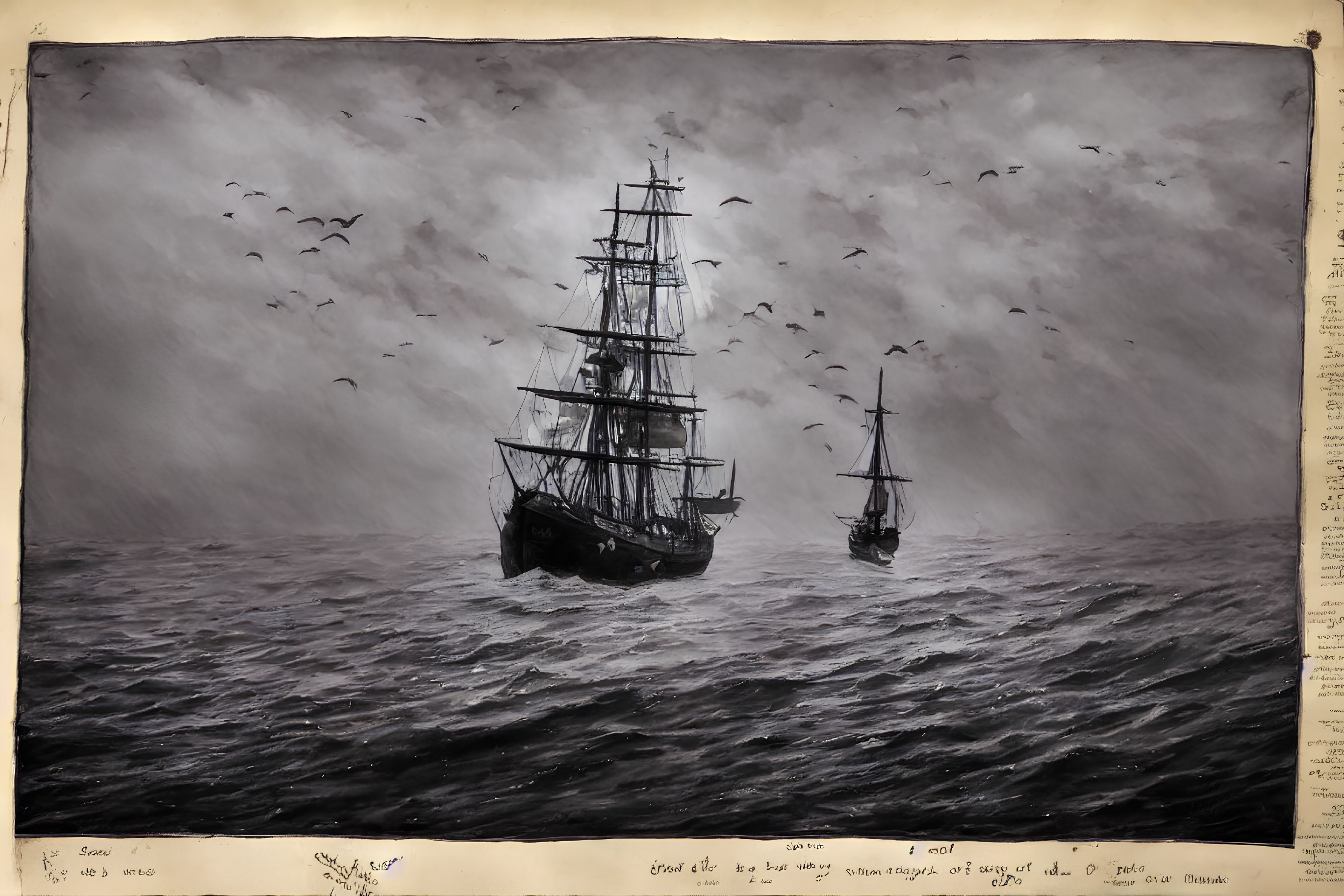 Vintage-style Illustration of Two Old Sailing Ships at Sea with Ominous Clouds