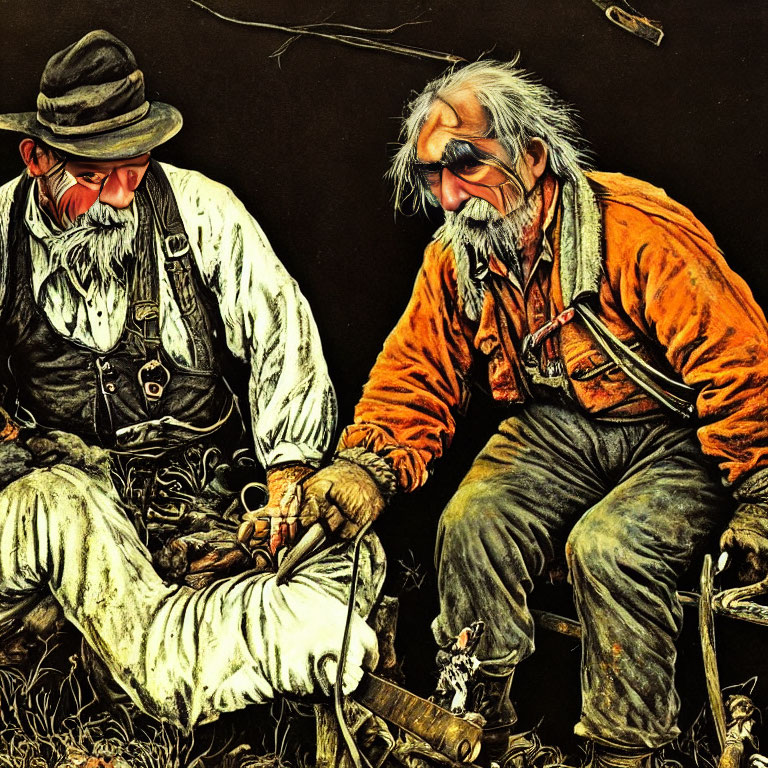 Elderly men in vintage clothing conversing with pipe and bandages