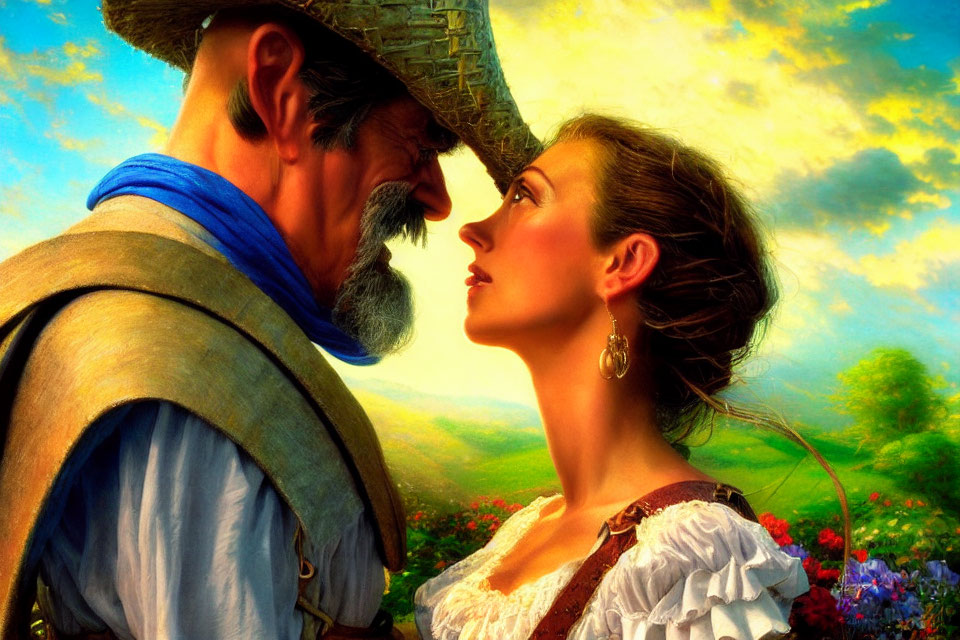 Man with mustache and hat meets woman with earrings in vibrant outdoor scene